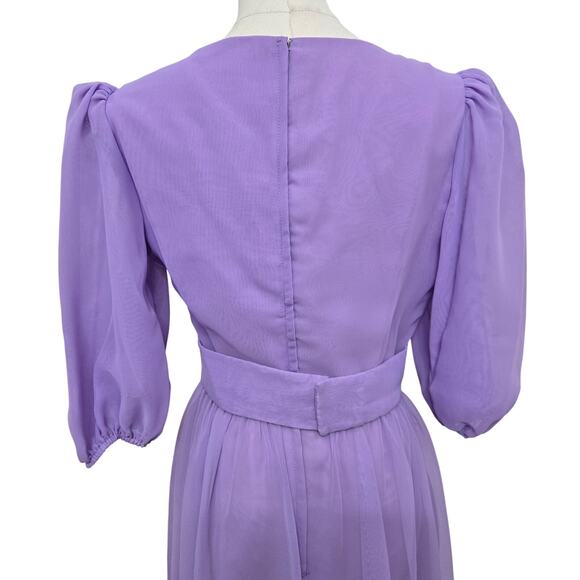 Dessy Creations Vintage 70s Purple Sheer Chiffon Pleated Puff Sleeve Gown 10 - Picture 4 of 12